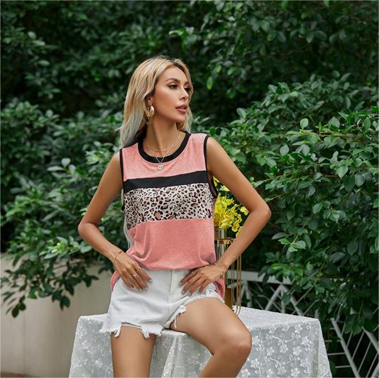 Summer round Neck Vest Leopard Print Patchwork Short Sleeved T shirt