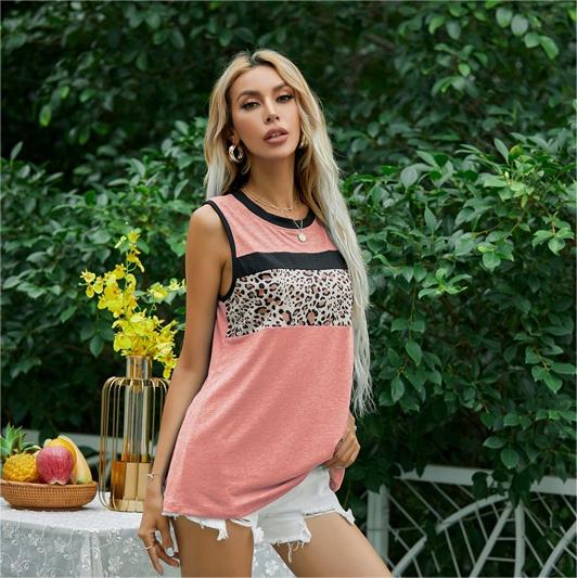 Summer round Neck Vest Leopard Print Patchwork Short Sleeved T shirt