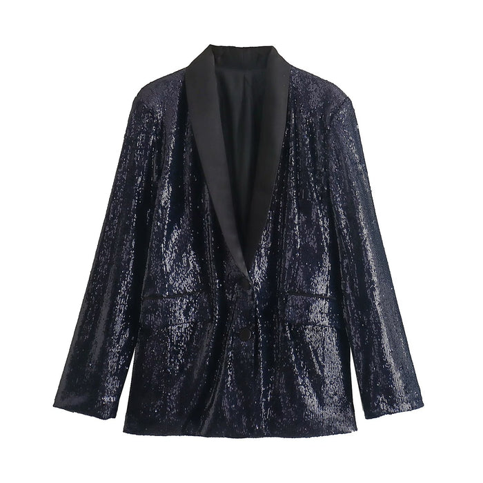 Winter Women Clothing Sequin Tuxedo Collar Blazer Pants Suit