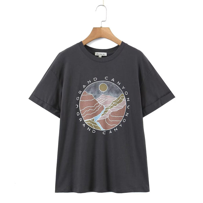 Summer Pullover Short Sleeve round Neck Loose Valley River Print T-shirt Women