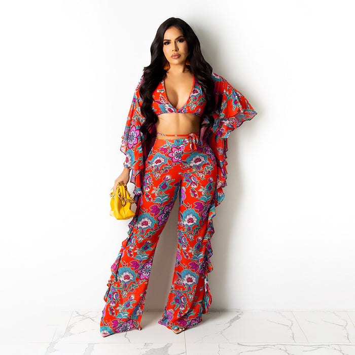 Sexy Women Wear Featured Floral Mesh Two Piece Set