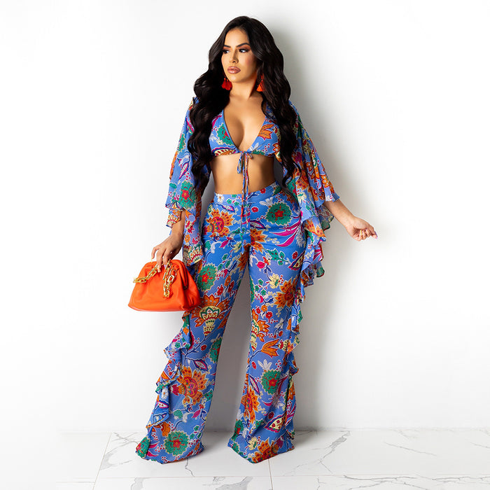 Sexy Women Wear Featured Floral Mesh Two Piece Set