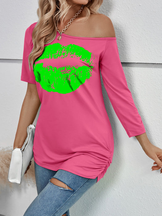 Lip Printings Short Sleeved T shirt Women off Shoulder Irregular Asymmetric Sleeve Length Slim Top Summer