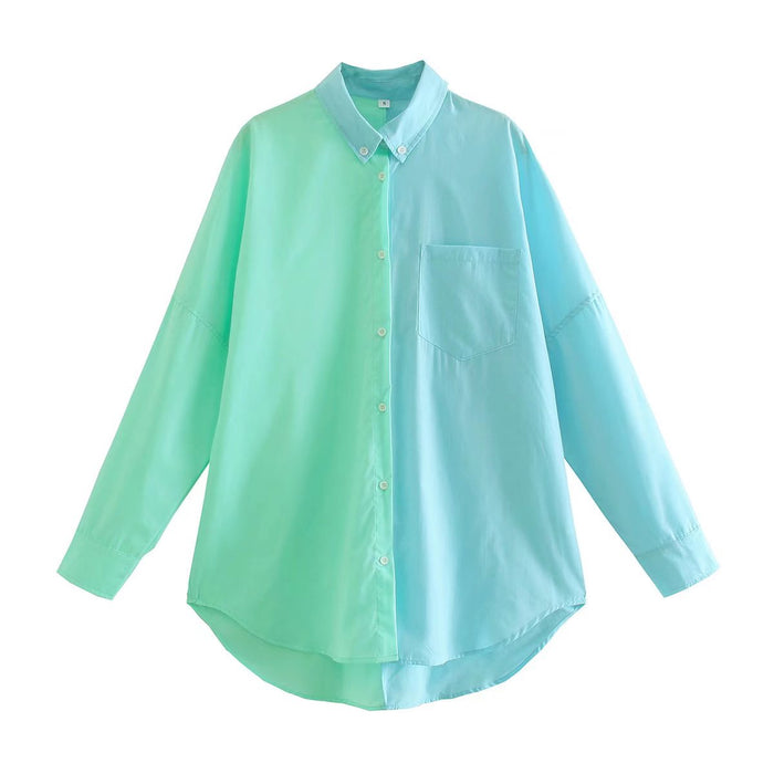 Spring  Contrast Color Shirt Single Breasted Long Shirt