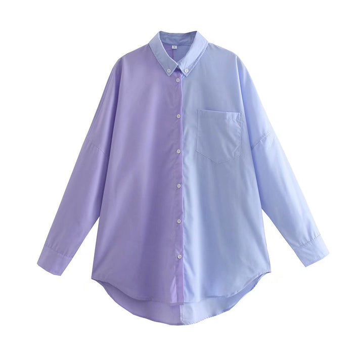 Spring  Contrast Color Shirt Single Breasted Long Shirt