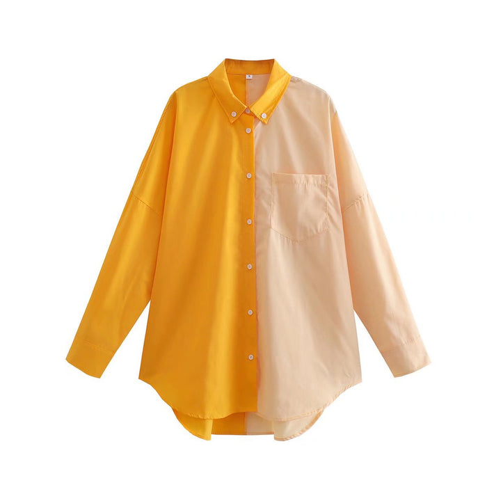 Spring  Contrast Color Shirt Single Breasted Long Shirt