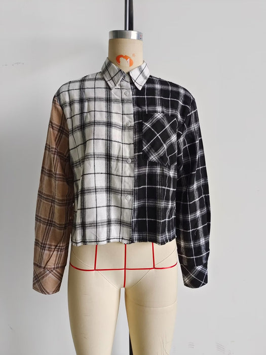 Spring Color Contrast Check Shirt Collared Single Breasted Top