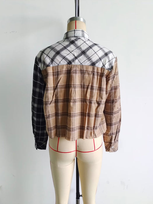 Spring Color Contrast Check Shirt Collared Single Breasted Top