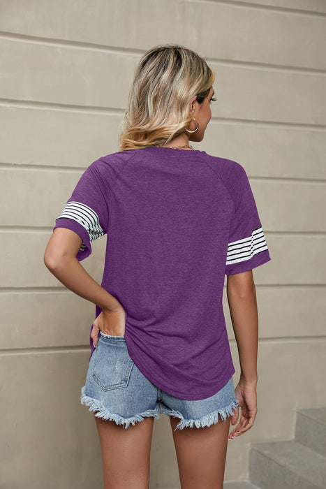 Summer Striped Stitching Loose round Neck Short Sleeve T shirt Top Women