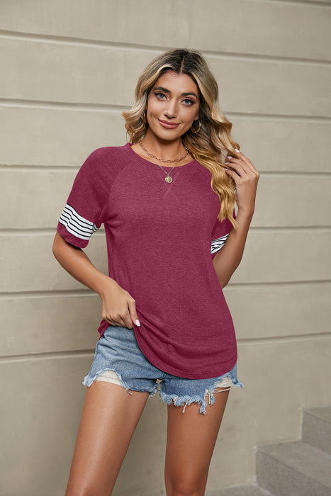 Summer Striped Stitching Loose round Neck Short Sleeve T shirt Top Women