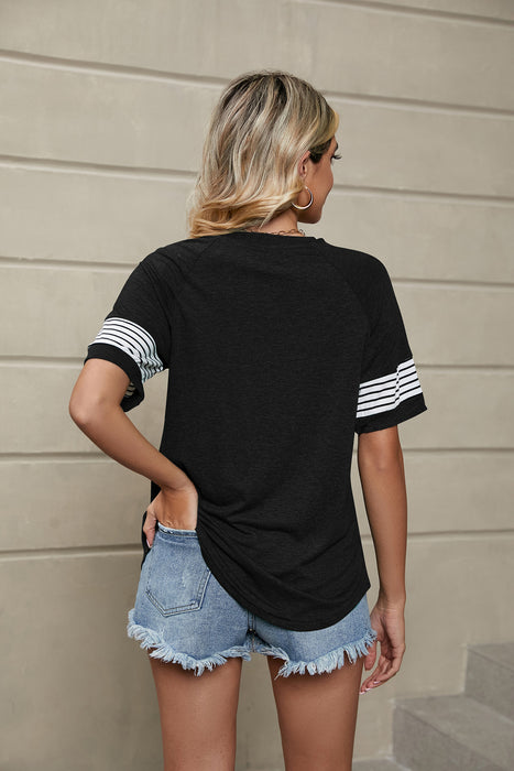 Summer Striped Stitching Loose round Neck Short Sleeve T shirt Top Women