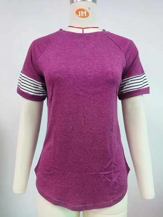 Summer Striped Stitching Loose round Neck Short Sleeve T shirt Top Women