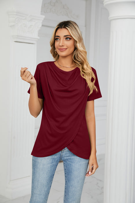 Summer Solid Color round Neck Criss Cross Loose Short Sleeve T shirt Top Women