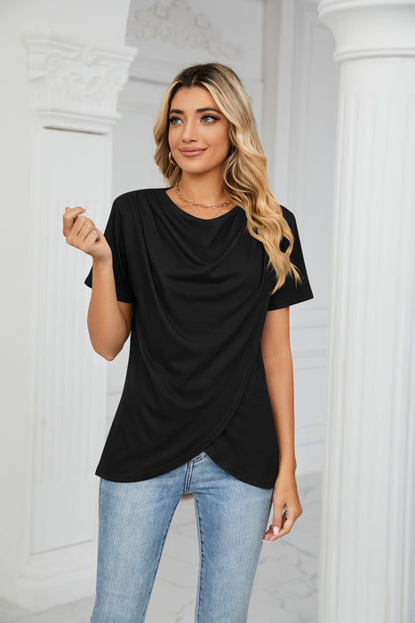 Summer Solid Color round Neck Criss Cross Loose Short Sleeve T shirt Top Women