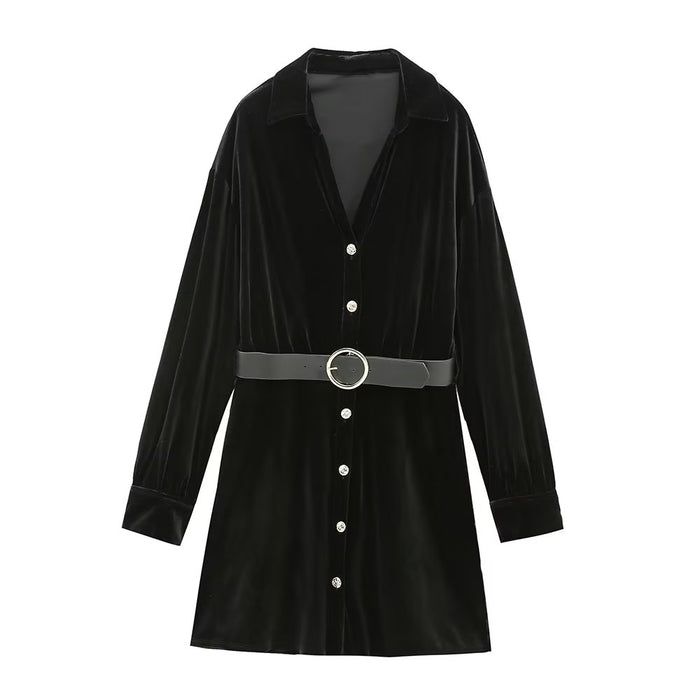 Autumn Winter French Long Sleeve V neck Slimming Waist Velvet Shirt Dress