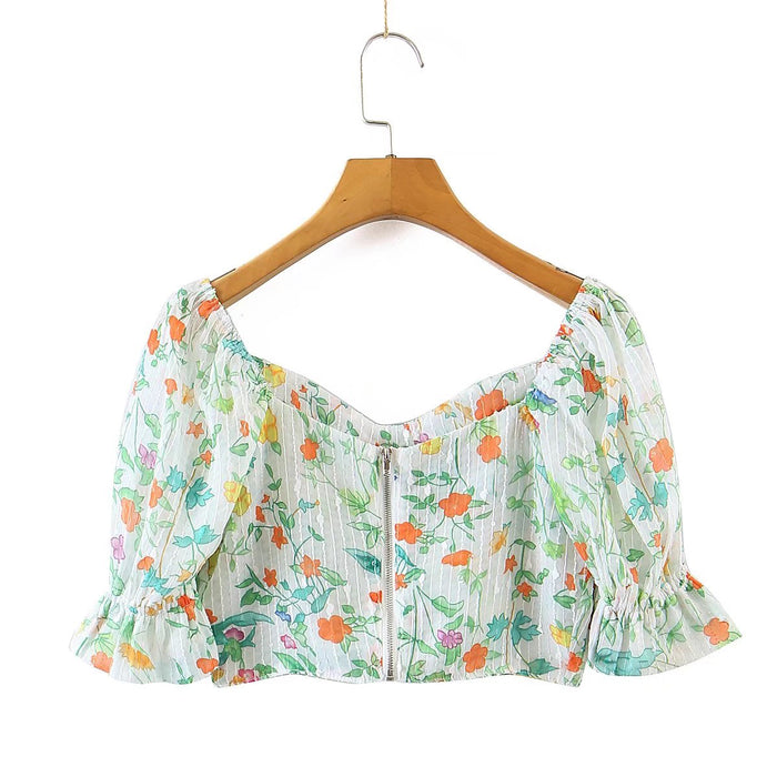 F00171678  Summer Wind Women Floral Chest Pad Short Sleeve Shirt