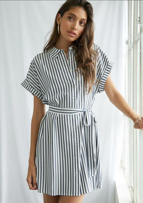 Women Summer Elegant Striped Lapel Belt Dress