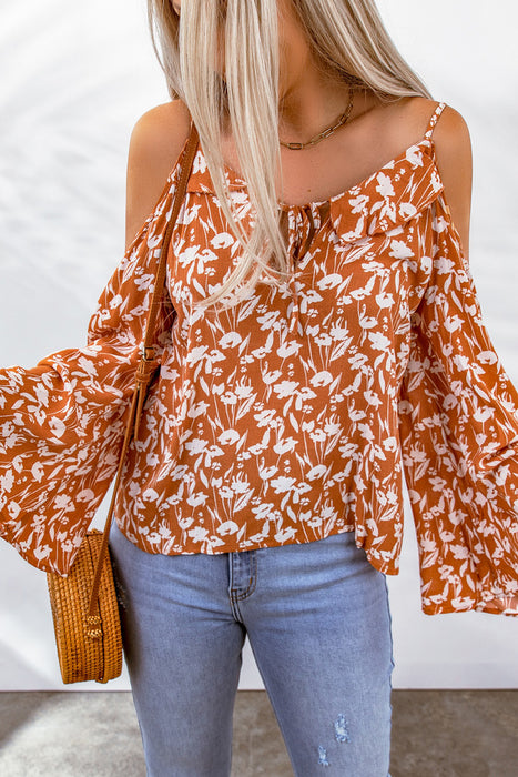 Orange Tie Neck Cold Shoulder Flare Sleeve Floral Blouse