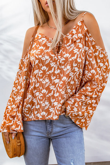 Orange Tie Neck Cold Shoulder Flare Sleeve Floral Blouse