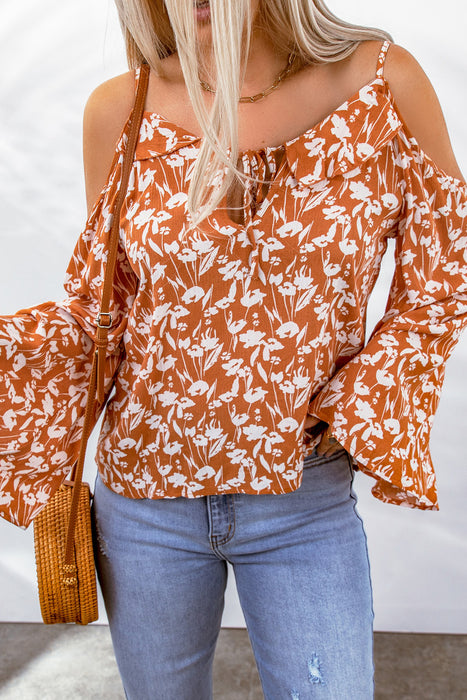 Orange Tie Neck Cold Shoulder Flare Sleeve Floral Blouse