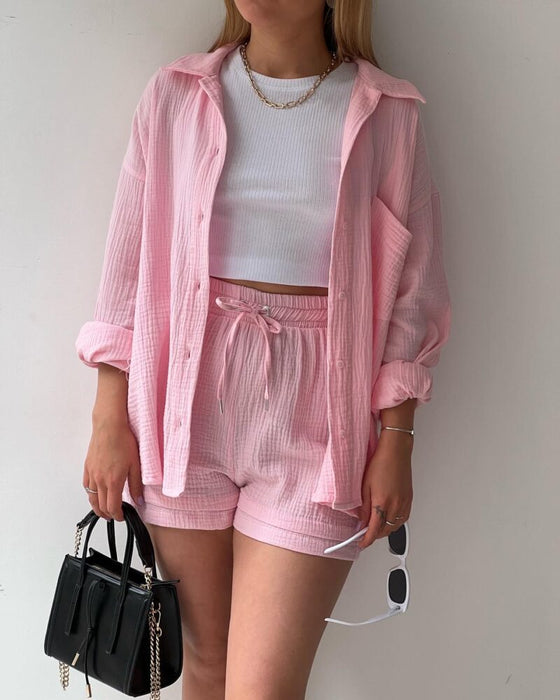 Spring Summer Casual Solid Color Shirt Shorts Two Piece Set Women