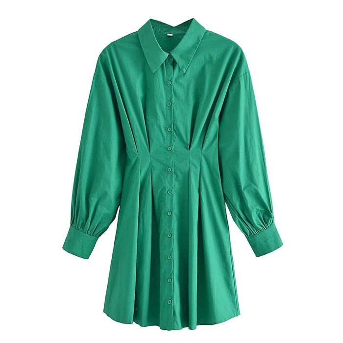 Fall Vacation Green Women Clothing  Casual Waist Tight Shirt Long Sleeve Slim Dress