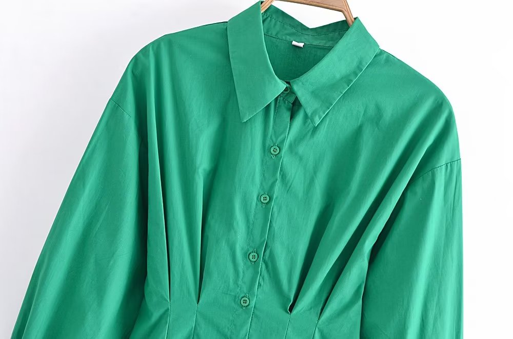 Fall Vacation Green Women Clothing  Casual Waist Tight Shirt Long Sleeve Slim Dress