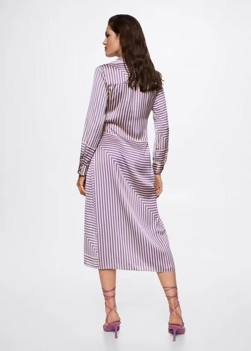 Autumn Women Striped Stitching Stomach Blanket Lace up Long Sleeve Dress