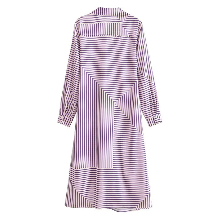 Autumn Women Striped Stitching Stomach Blanket Lace up Long Sleeve Dress