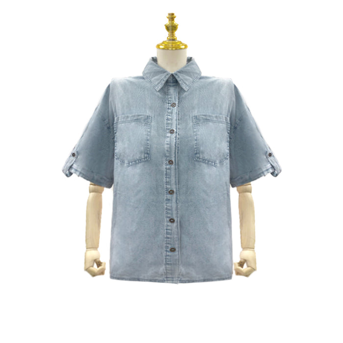 Popular Short Sleeved Shirt Spring Summer Washed Distressed Casual Denim Top