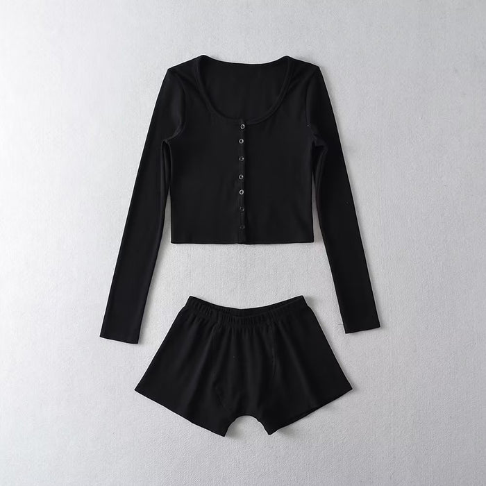 Sexy round Neck Single Breasted Short Cropped Cardigan T shirt Top Elastic Waist Slim Short Two Piece Suit