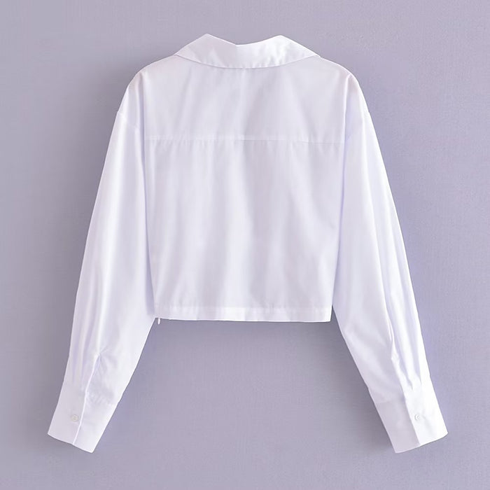 Winter Women Clothing Polo Collar Solid Color Double Pocket Knotted Short Long Sleeve