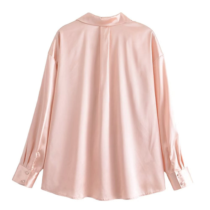 Autumn Women Clothing Patch Pocket Silk Satin Texture Loose Design Shirt Women