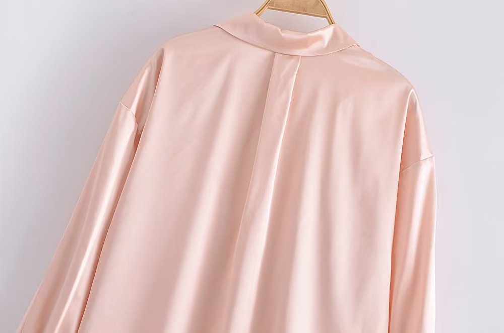 Autumn Women Clothing Patch Pocket Silk Satin Texture Loose Design Shirt Women