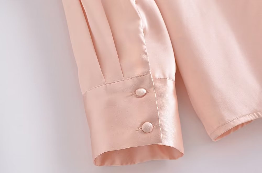 Autumn Women Clothing Patch Pocket Silk Satin Texture Loose Design Shirt Women