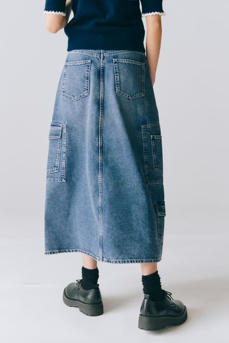 Personalized Street Skirt Spring High Waist Pocket Stitching Hem Loose Denim Skirt for Women