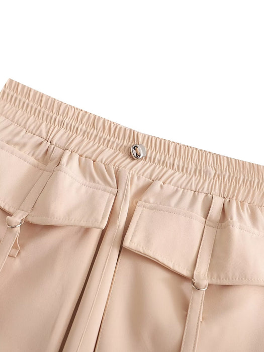 Autumn Elastic Waist Drawstring Double Pocket Tooling Mini Skirt