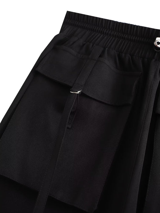 Autumn Elastic Waist Drawstring Double Pocket Tooling Mini Skirt