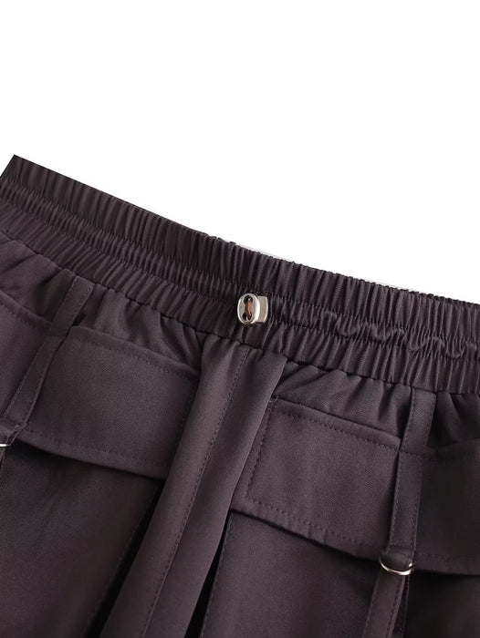 Autumn Elastic Waist Drawstring Double Pocket Tooling Mini Skirt