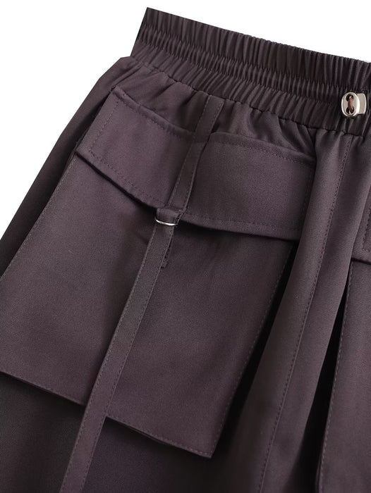 Autumn Elastic Waist Drawstring Double Pocket Tooling Mini Skirt