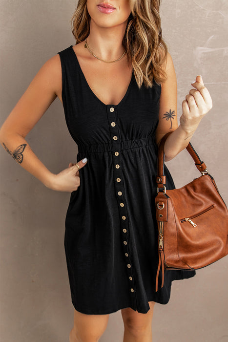 Green Buttons Sleeveless High Waist Mini Dress