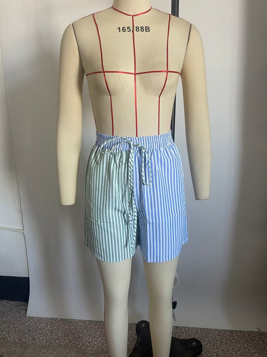 Spring Women Clothing Light Blue Light Green Striped Two Piece Set  Shirt