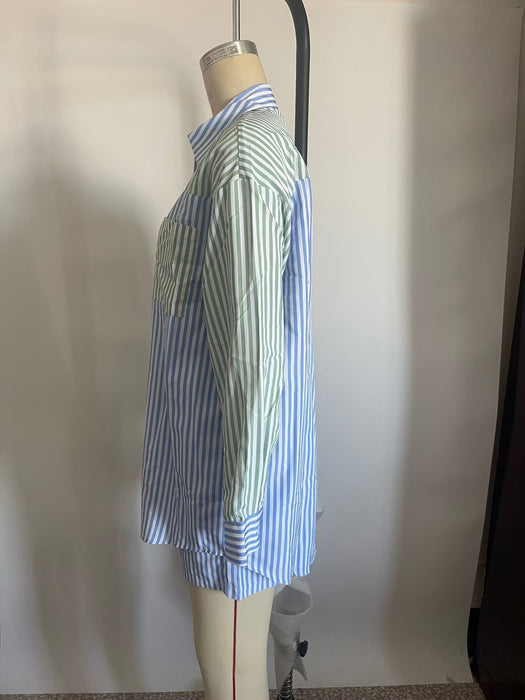 Spring Women Clothing Light Blue Light Green Striped Two Piece Set  Shirt