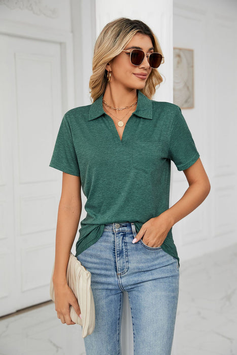 Spring Summer Solid Color Short Sleeve Collared Pocket Loose Fitting T shirt Top Women