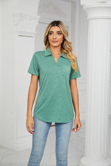 Spring Summer Solid Color Short Sleeve Collared Pocket Loose Fitting T shirt Top Women