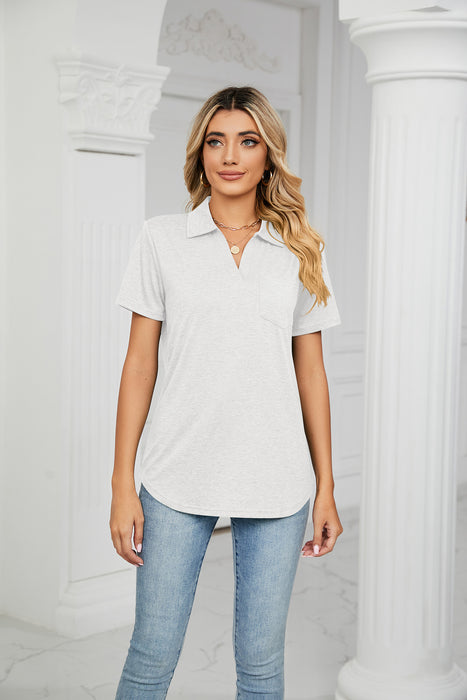 Spring Summer Solid Color Short Sleeve Collared Pocket Loose Fitting T shirt Top Women