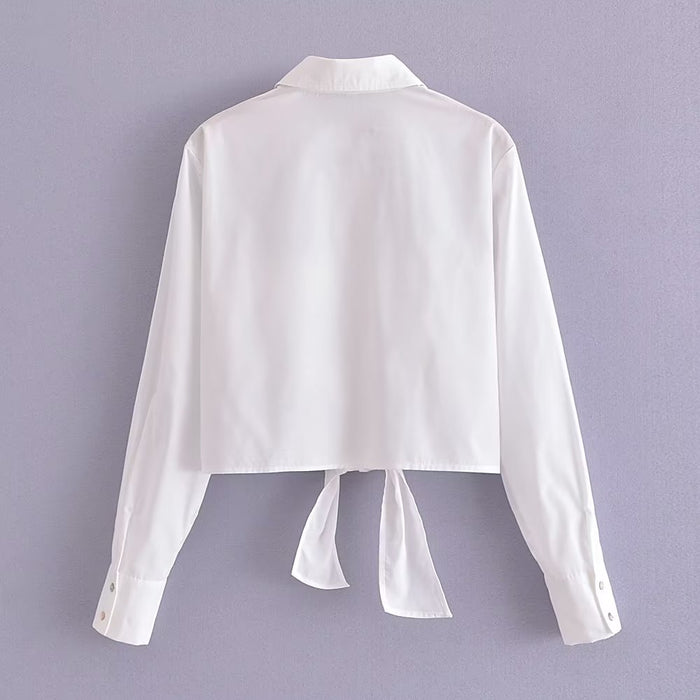 Spring Single Breasted Cardigan Long Sleeve Collared Loose Knotted Women Shirt Top