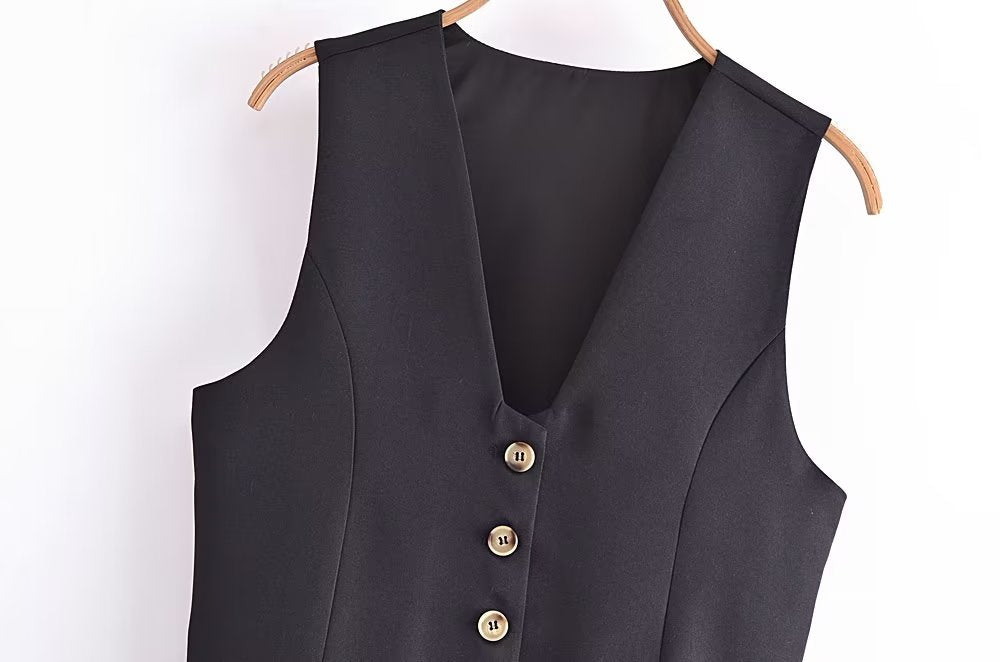 Spring Wind Black Short Vest V neck Double Breasted Vest