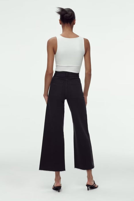 Spring Wide Leg Pants Rough Selvedge in Black Slim Fit High Waist Straight Jeans for Women