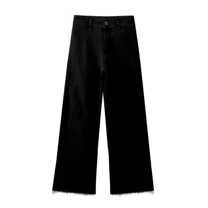 Spring Wide Leg Pants Rough Selvedge in Black Slim Fit High Waist Straight Jeans for Women